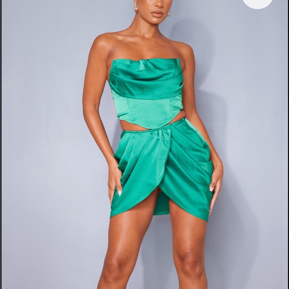 Satin corset and mini skirt